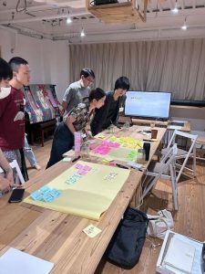 会議室で5人が机にある模造紙を見ている。模造紙にはポストイットが貼ってある